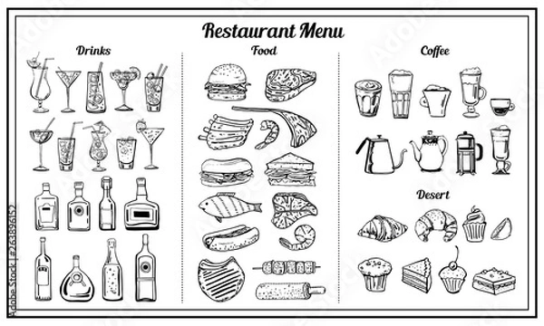 Fototapeta Objects set for restaurant and cafe menu. Vector outline hand drawn sketch illustration with food, sandwiches, alcohol and coffee drinks, desserts isolated black on white background