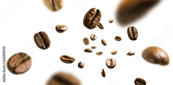 Fototapeta Coffee beans in flight on white background