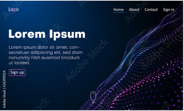 Obraz Blue web homepage template with icons and abstract digital neon pattern.