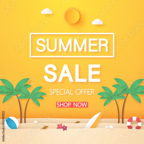 Fototapeta Summer sale , beach with coconut tree and stuff , paper art style