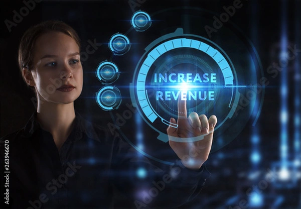 Fototapeta The concept of business, technology, the Internet and the network. A young entrepreneur working on a virtual screen of the future and sees the inscription: Increase revenue