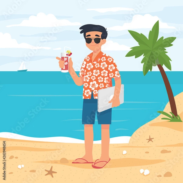 Fototapeta vector illustration man working remotely in a beach. Digital nomad or freelancer working and holiday in a beach