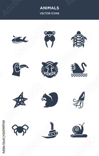 Fototapeta 12 animals vector icons such as snail, snake, spider, squid, squirrel contains starfish, swan, tiger, toucan, turtle, walrus icons
