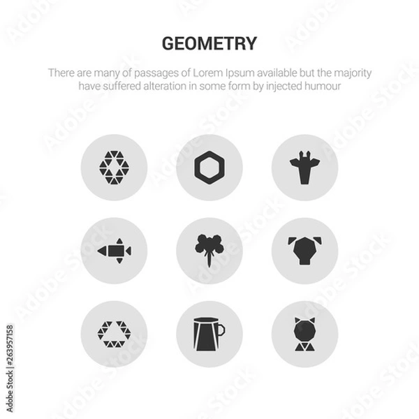 Fototapeta 9 round vector icons such as polygonal cat, polygonal coffee cup, polygonal diamond shape of small triangles, dog, elephant contains fish shape of small triangles, giraffe, hexagon, hexagonal. cat,