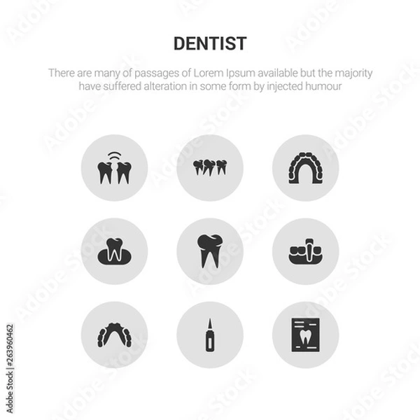 Obraz 9 round vector icons such as radiograph, sealants, partial denture, overdenture, oral contains occlusal, maxilla, malocclusion, interproximal. radiograph, sealants, icon3_, gray dentist icons