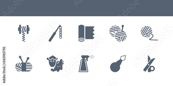 Fototapeta 10 sew vector icons such as thread nippers, threader, water spray, wool, wool ball contains yarn, yarn ball, textile, crochet hook, wire coil. sew icons