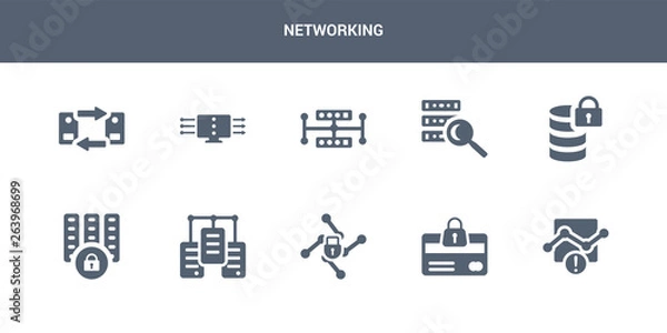 Obraz 10 networking vector icons such as connection error, cit card security, cyber security, data center, data locked contains data protection, search, share, streaming, transfer. networking icons