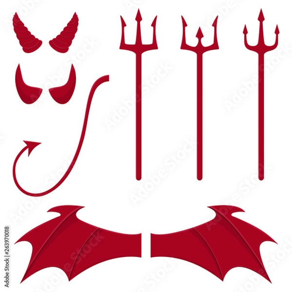 Obraz Set of devil elements isolated on white background. Red horns, tridents, wings, tail. Clean and modern vector illustration for design, web.