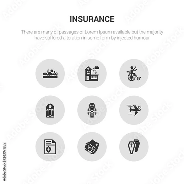 Obraz 9 round vector icons such as coffin, long term protection, contract coverage, crash, death contains delivery insurance, disabled, disaster, drown. coffin, long term protection, icon3_, gray