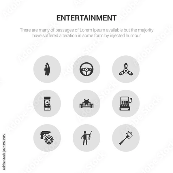 Obraz 9 round vector icons such as selfie stick, shooter, shooting game, slot machine, space invaders contains speedometer, spinner, steering wheel, surfboard. selfie stick, shooter, icon3_, gray