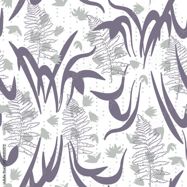Fototapeta Vector floral seamless pattern with hand drawn scilla or snowdrop flowers and fern leaves. Modern decorative background in pastel colors.