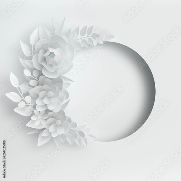 Fototapeta Paper elegant white flowers and leaves on white background. Valentine's day, Easter, Mother's day, wedding greeting card. 3d render digital spring or summer flowers illustration in paper art style.