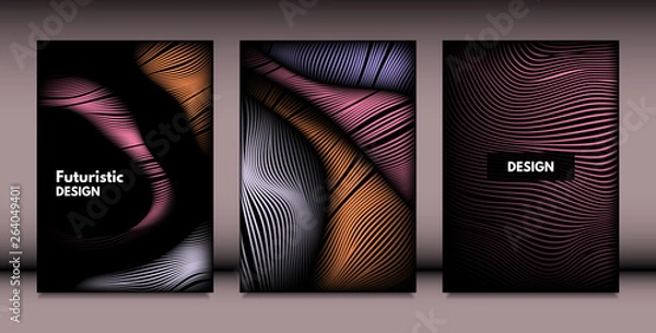 Fototapeta Abstract Wavy Shapes with 3d Effect. Cover Design Templates Set with Vibrant Gradient and Wavy Stripes in Minimal Style. Vector Abstraction with Distorted Lines. Wavy Shapes for Cover, Brochure, Book