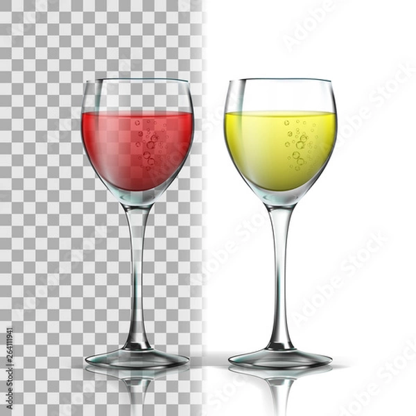 Fototapeta Realistic Glass With Red And White Wine Vector. Full Glasswine With Wine. Production From Fermented Grape Alcoholic Drink With Bubbles. Isolated On Transparency Grid Background. 3d Illustration