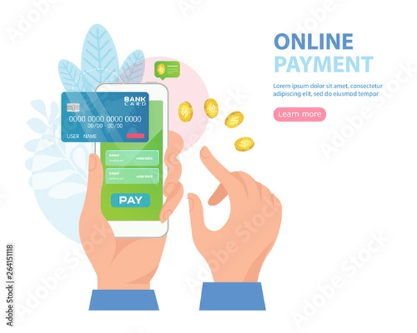 Fototapeta  People hands holding smartphones. Flat isometric vector concept of receipt, online payment, money transfer, mobile wallet.