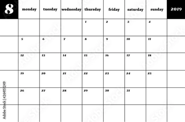 Fototapeta August. Calendar planner 2019. Vector