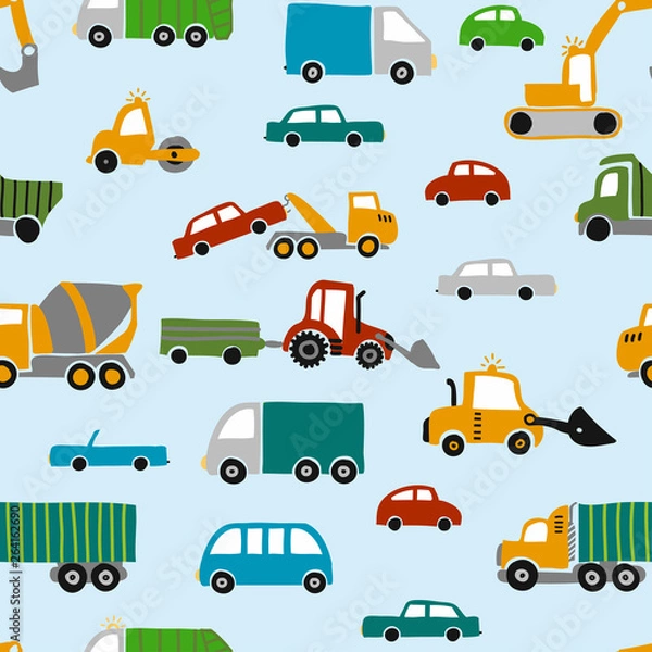 Fototapeta Vehicle pattern design with several machines - funny hand drawn doodle, seamless pattern. Lettering poster or t-shirt textile graphic design. / wallpaper, wrapping paper, background.