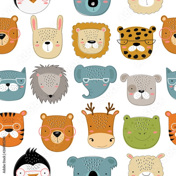 Fototapeta Vector seamless pattern with cute doodle animals