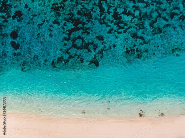 Fototapeta Top view of beautiful sand beach with turquoise ocean water, aerial shot