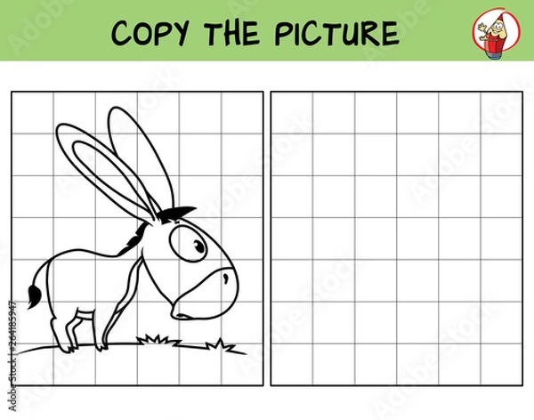 Obraz Funny little donkey. Copy the picture. Coloring book. Educational game for children. Cartoon vector illustration