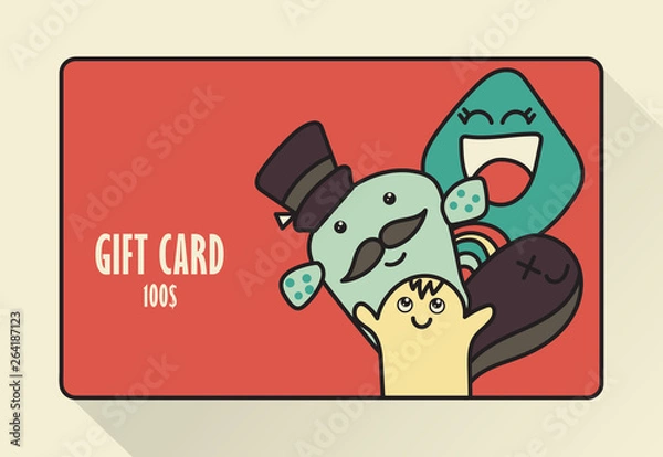 Obraz Gift Card. Flat style. Cute kawaii creatures. Vector cartoon illustration.