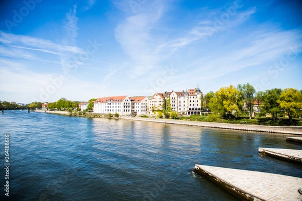Fototapeta View from the stone bridge in Regensburg. Stone bridge