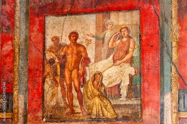 Obraz Pompeje, najlepiej zachowane stanowisko archeologiczne na świecie, Włochy. Freski na wewnętrznej ścianie domu zniszczone przez erupcję vesuvio 79 ad.