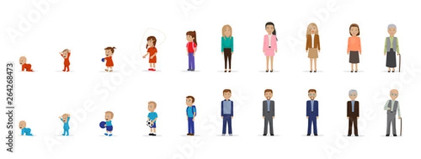 Fototapeta Human Life Cycle Stages Set - Isolated On White Background. Vector Illustration Of Generations And Stages of Human Life Cycle. Human Body Growth From Newborn, Middle Age And Old Persons