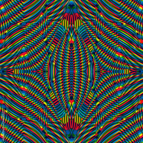 Fototapeta Color seamless pattern with hypnotic trance texture. Multicolored glitched background. Op art unique bright kaleidoscope. Psychedelic trippy art.