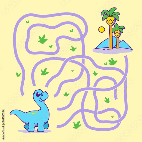 Obraz Help cute dino find the right path to palm. Labyrinth. Funny maze game for children. Vector illustration.