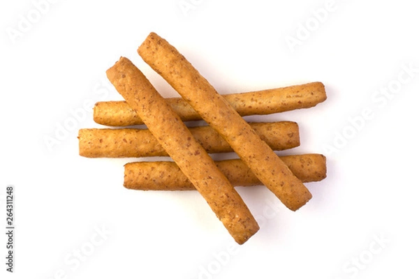 Obraz Crispy breadsticks isolated on white background. Top view.