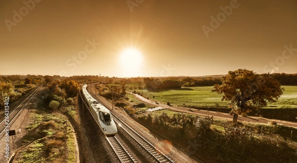 Obraz High speed train approaching from sunrise