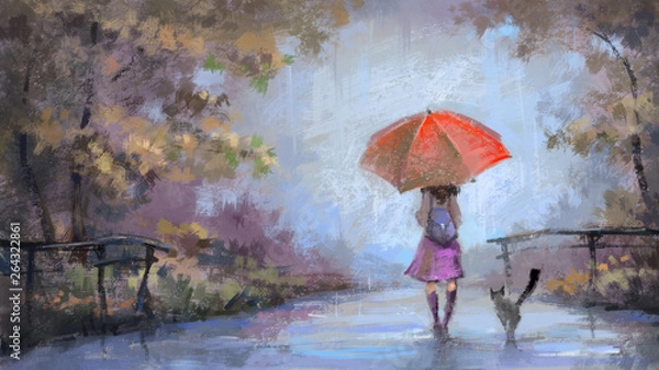 Fototapeta Girl with a red umbrella and she's cat walks in the park in the rain. Digital painting illustration.