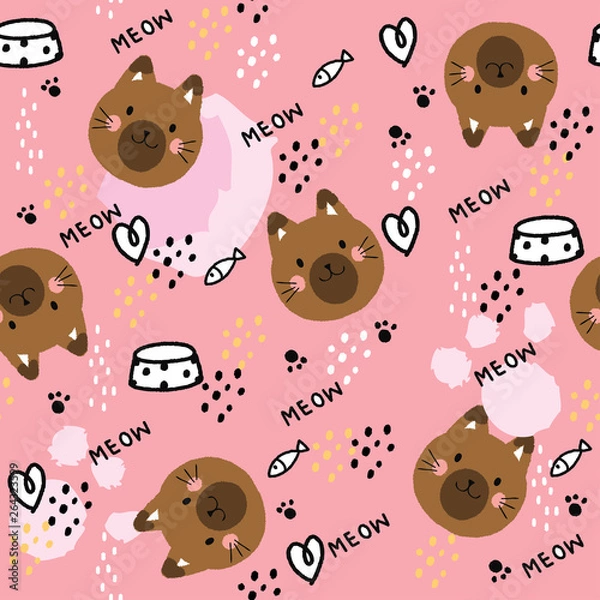 Fototapeta Cartoon cute sweet cat seamless pattern vector.