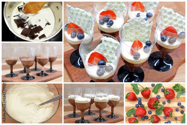 Obraz  Cooking Process step by step of  Chocolate and whipped cream in glass with fresh strawberries and blueberries