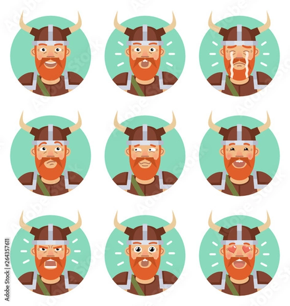 Fototapeta Set of viking emoticons. Viking avatars showing different emotions. Happy, sad, angry, think, cry, in love, laugh and other facial expressions. Flat style vector illustration