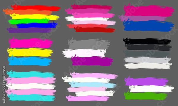 Obraz Set of different flags of lgbt community on dark background. Vector illustration of gay pride flag.