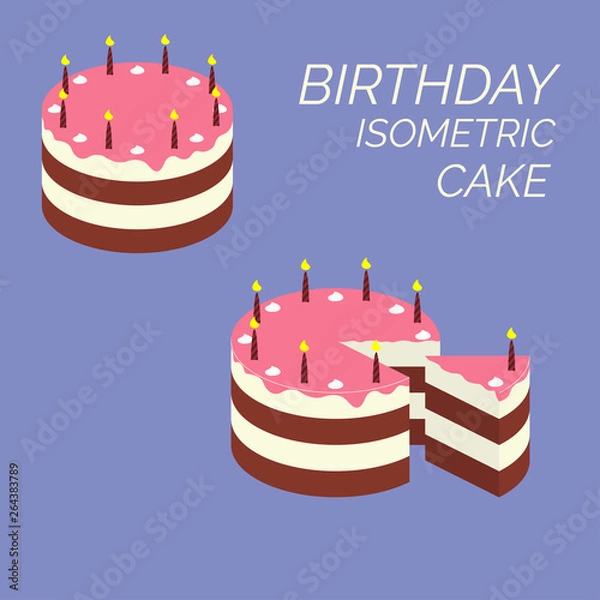 Fototapeta Birthday isometric cake. Isometric puff cake with candles and cream flowers. Chocolate piece and slice pink glaze icon pie from the bakery. Infographic sweet dessert sign and symbol
