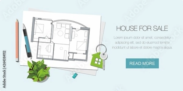 Fototapeta Architect house plan and Key with symbol of house. Construction background.  Web banner