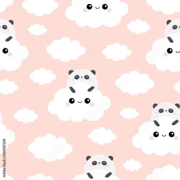 Fototapeta Panda bear face holding cloud in the sky. Seamless Pattern. Cute cartoon kawaii funny smiling baby character. Wrapping paper, textile template. Nursery decoration. Pink background. Flat design.