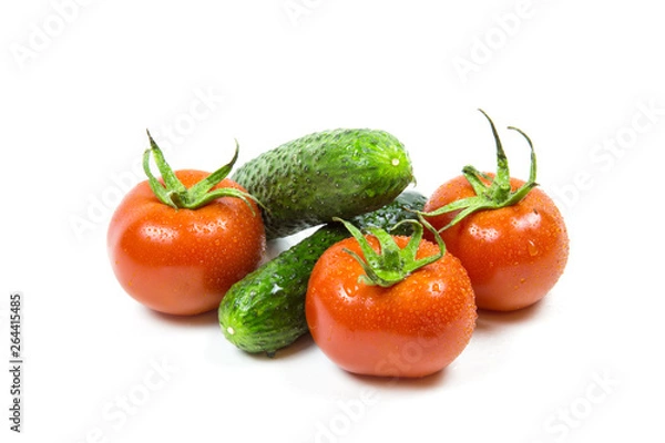 Fototapeta Fresh red tomatoes and cucumbers isolated on white background Food and drink Agriculture
