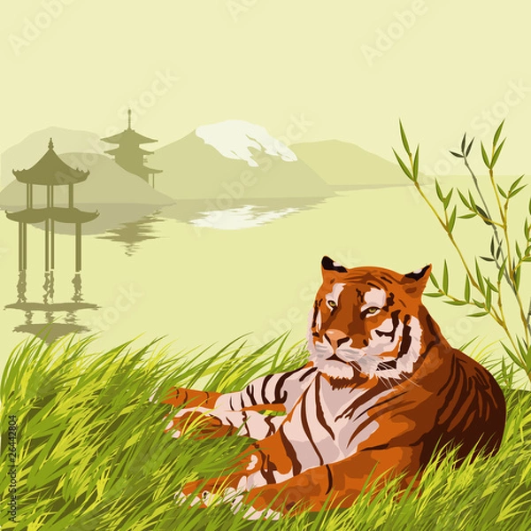 Fototapeta vector illustration with tiger and pagoda