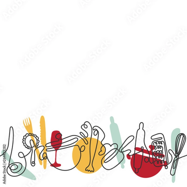 Fototapeta Cutlery line art background. One line drawing of different kitchen utensils. Vector