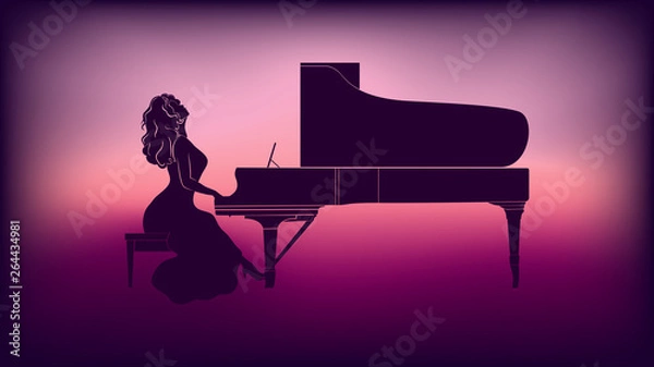 Fototapeta Silhouette of a girl playing the piano .The game of purple halftone creates a beautiful background for invitation to the concert and other advertising resource      