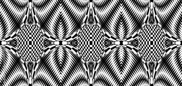 Obraz Seamless pattern with hypnotic trance texture. Black and white glitched background. Op art monochrome abstraction. Psychedelic trippy art.