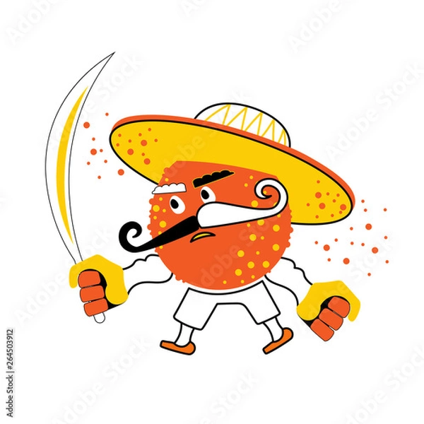 Obraz Cartoon evil orange fruit in a mexican sombrero with a large knife. Fighting mandarin in a hat with a mustache on a white background. Funny vector illustration of hand drawing characters.