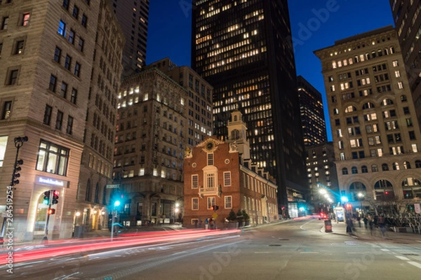 Fototapeta Scene of Boston Old State House buiding at twilight time in Massachusetts USA, Architecture and building with tourist concept