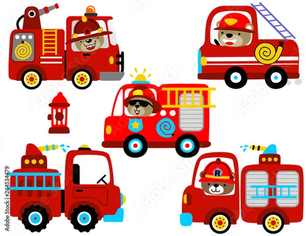 Fototapeta vector set of fire engine cartoon with funny driver