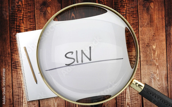 Fototapeta Study, learn and explore sin - pictured as a magnifying glass enlarging word sin, symbolizes analyzing, inspecting and researching the meaning of sin, 3d illustration