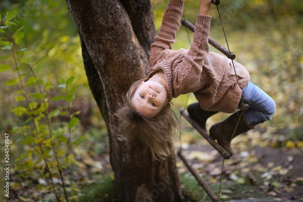 Obraz girl child in tree sways on rope ladder